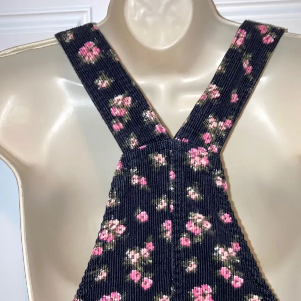 THE CHILDRENS PLACE Overall Dungarees Dress Black with Pink Flower Girls Size 14
